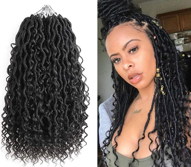New Goddess Locs Crochet Hair 14 Inch Boho River Locs Hippie Locs Wavy Crochet With Curly Hair In Middle And Ends Braids Hair Extensions 8Packs14 inch 1B